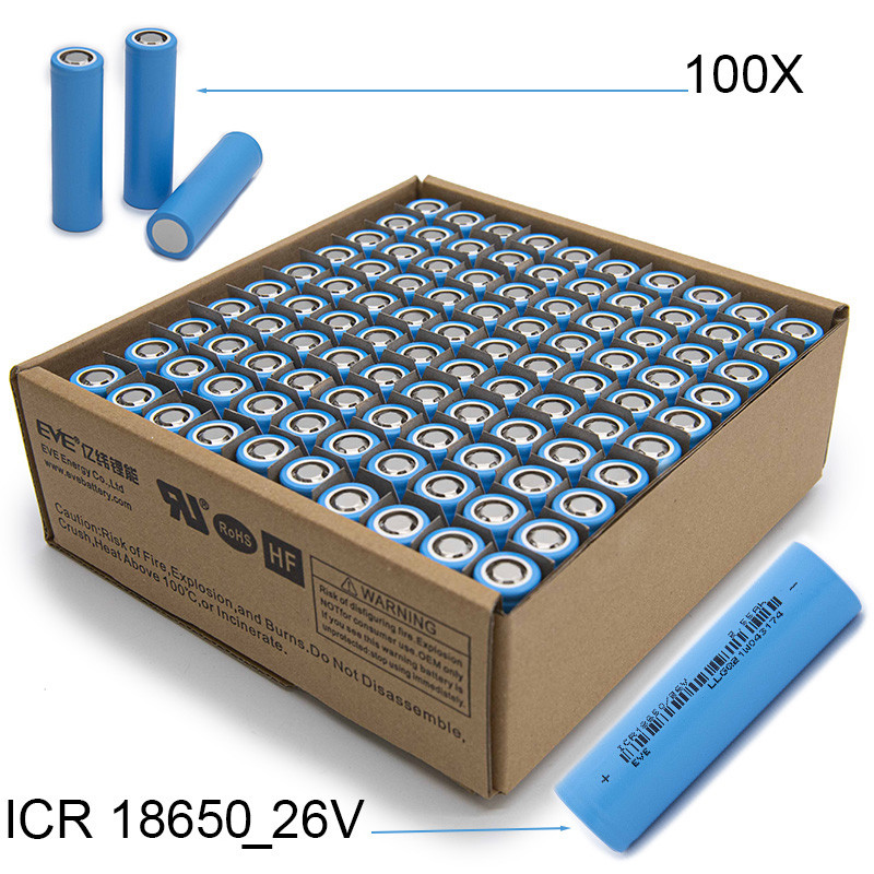 Celular Li-ION EVE ICR18650-26V 2550mAh – 7,65A – CAIXA COM 100 UNIDADES.